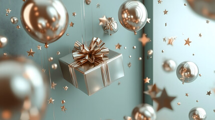 silver gift box with a reflective gold ribbon floats in mid air adorned with balloons and silver stars against a pastel green background.