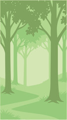 Serene green forest scene with tree silhouettes and winding path illustration