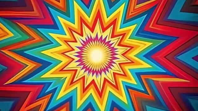 retro rainbow background, spinning zigzag rays, 4K vector loop, psychedelic vector animation, seamless motion design, vibrant color rays, retro spinning background, colorful zigzag pattern, hypnotic 