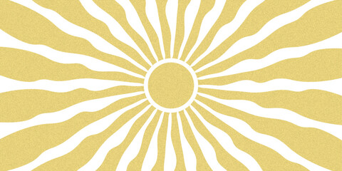 Sun groovy background, summer retro radial burst, yellow grain wavy. Abstract trendy sunshine poster. Cartoon light beam print. Vintage boho pattern. vector illustration
