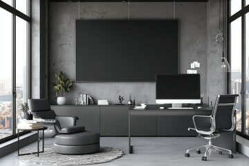 Modern, minimalist office with dark gray furniture, a large black screen, and city views from floor-to-ceiling windows