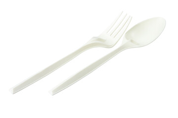 white plastic spoon and fork. bioplastic. recycle on tranparent background