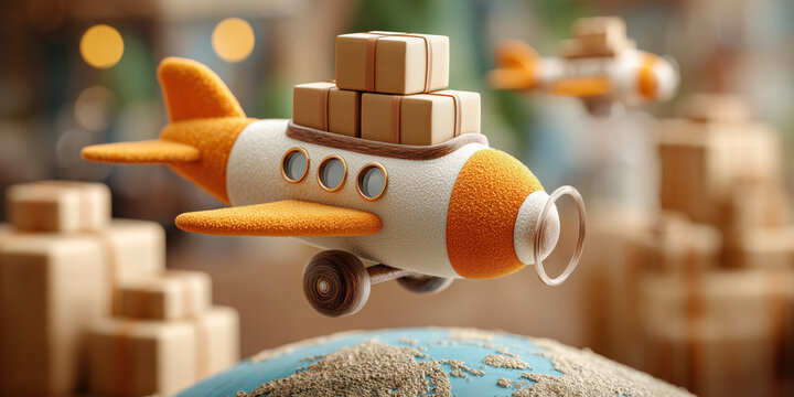 Adorable orange and white toy airplane carrying packages flying above globe, express delivery, playful and cheerful scene