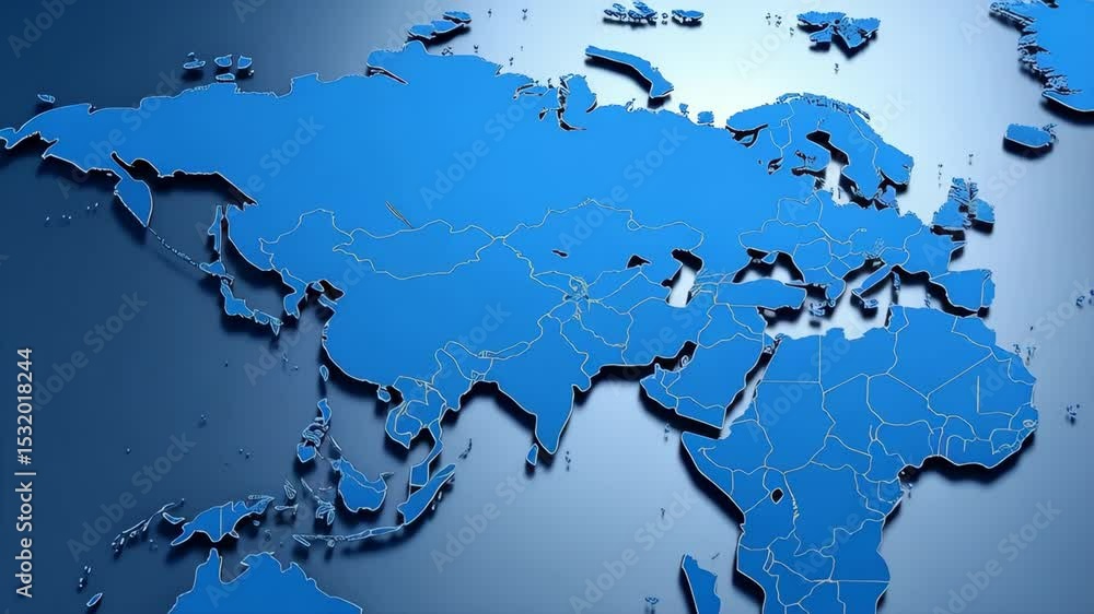 Poster 3d rendered world map continents with country borders in blue spinning in a loop for global business