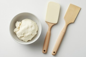 Light wood dough tool set with partially kneaded dough in bowl