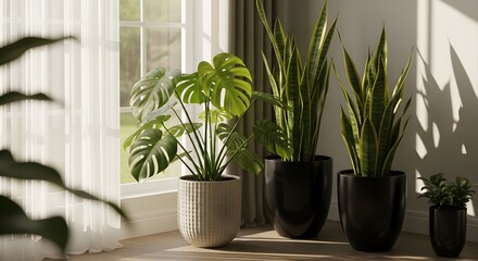 Sunlit Indoor Plants: Monstera, Snake Plants in Stylish Pots