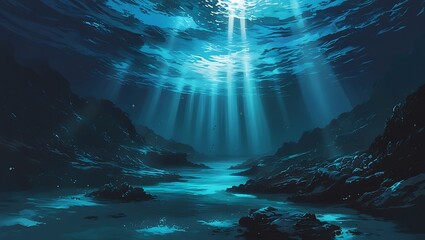 Underwater scene sunbeams dark rocks ocean