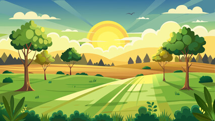 Fototapeta premium sunrise landscape in cartoon forest with trees and green hills