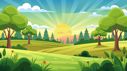 sunrise landscape in cartoon forest with trees and green hills