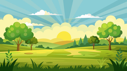 Obraz premium sunrise landscape in cartoon forest with trees and green hills