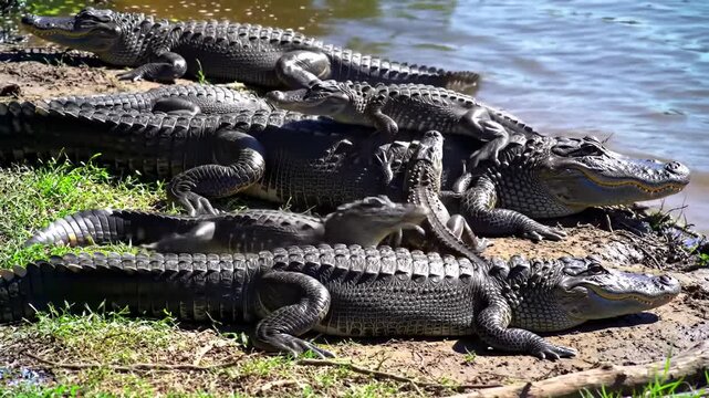 Group of alligators resting on riverbank