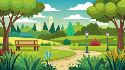 Fototapeta premium cartoon nature park landscape with trees, walking path and bench