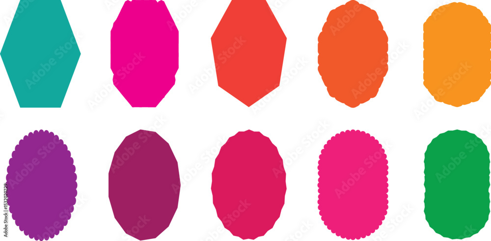Poster red silhouette scalloped frames. geometric shapes stickers with zigzag wavy edge. set of frames with