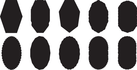 Set of frames with zigzag edge, scallop edge shapes. Geometric shapes stickers with zigzag wavy edge. Black silhouette scalloped frames. Zig zag edge square and circle shapes. Round Black