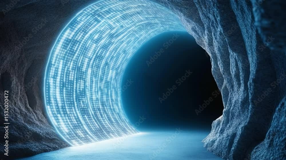 Aufkleber cryptic cave portal: a mysterious, glowing blue portal shimmers within a dark, cavernous space, beck