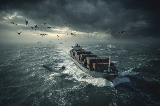 Cargo Ship In Stormy Ocean At Sunset - Powered by Adobe