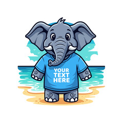 Cute Cartoon Elephant on the Beach - Vector T-Shirt Design