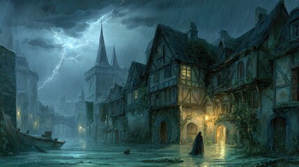 Pixelated Medieval Town Scene At Night In A Flood