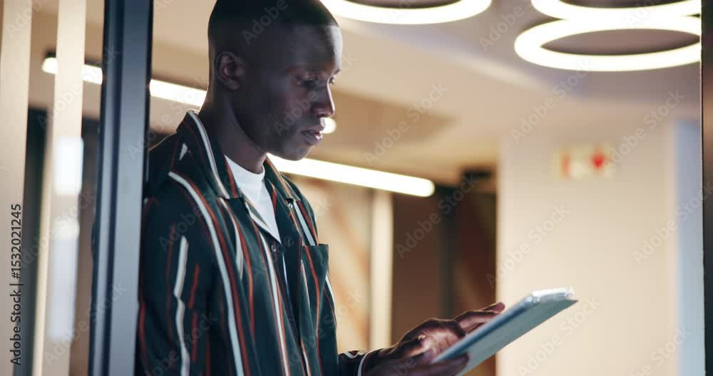 Poster black man, tablet and reading feedback in office with scroll, contact or check notification for dead