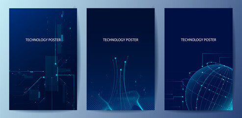 Futuristic digital blue line technology poster set, glowing lines innovation and connection network background for tech event poster or presentation product business