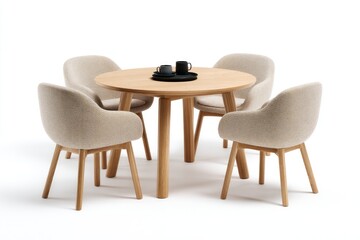 Light oak round table with four beige upholstered chairs