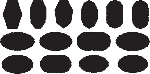 Set of frames with zigzag edge, scallop edge shapes. Geometric shapes stickers with zigzag wavy edge. Black silhouette scalloped frames. Zig zag edge square and circle shapes. Round Black
