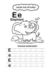 Illustration Isolated Animal Alphabet Trace and color Letter E-Elephant