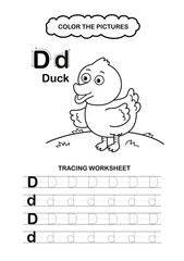 Illustration Isolated Animal Alphabet Trace and color Letter D-Duck