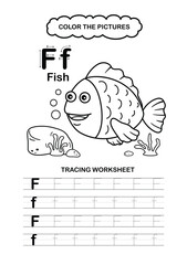 Illustration Isolated Animal Alphabet Trace and color Letter F-Fish