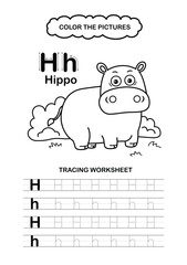 Illustration Isolated Animal Alphabet Trace and color Letter H-Hippo