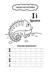 Illustration Isolated Animal Alphabet Trace and color Letter I-Iguana