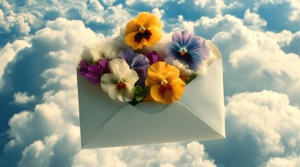 An envelope filled with colorful flowers floats among fluffy clouds. The flowers include yellow, purple, and white pansies, creating a vibrant scene.