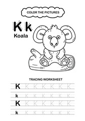 Illustration Isolated Animal Alphabet Trace and color Letter K-Koala