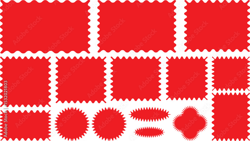 Aufkleber red silhouette scalloped frames. geometric shapes stickers with zigzag wavy edge. set of frames with