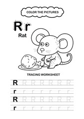 Illustration Isolated Animal Alphabet Trace and color Letter R-Rat