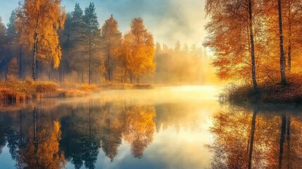 A serene autumn landscape featuring a calm lake surrounded by trees with vibrant orange and yellow leaves. Mist rises from the water, creating a tranquil atmosphere.