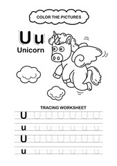 Illustration Isolated Animal Alphabet Trace and color Letter U-Unicorn