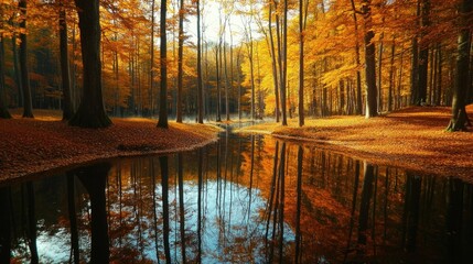 Autumn forest scene with vibrant orange and yellow leaves. A calm pond reflects the trees. The setting is peaceful and serene, showcasing nature's beauty.