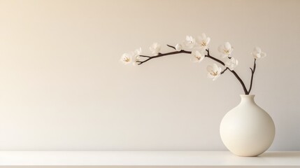 A minimalist arrangement of a white vase with a branch of delicate white flowers. The background is soft and neutral, enhancing the simplicity of the scene.