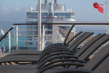 Outdoor whirlpool jacuzzi and private sun deck onboard modern luxury cruiseship cruise ship ocean...