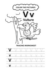 Illustration Isolated Animal Alphabet Trace and color Letter V-Vulture