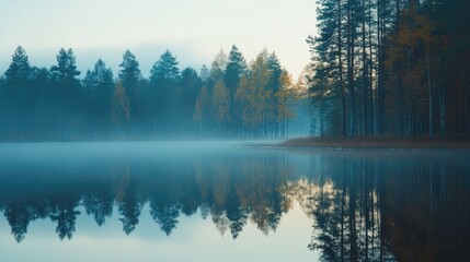 A serene lake surrounded by tall pine trees. Mist covers the water's surface, creating a tranquil atmosphere. Autumn colors are visible in the foliage.