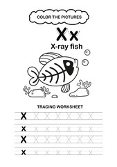 Illustration Isolated Animal Alphabet Trace and color Letter X-x ray fish