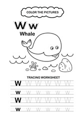 Illustration Isolated Animal Alphabet Trace and color Letter W-Whale