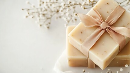 Two bars of handmade soap wrapped in a soft ribbon, placed on a light surface with delicate white flowers in the background.