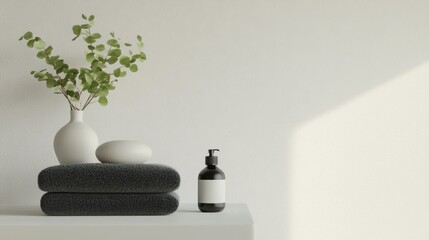 A minimalist bathroom scene with stacked black towels, a white vase, smooth stones, and a black bottle on a light surface. Greenery adds a touch of nature.
