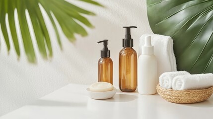 A collection of skincare products on a white surface. Includes amber glass bottles, a white bottle, a round soap, and rolled towels. Green leaves in the background.
