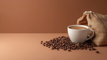 A white coffee cup filled with coffee sits on a brown surface. Coffee beans are scattered around the cup, and a burlap sack is nearby.
