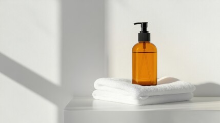 Amber pump bottle on white towels in a bright bathroom setting. Soft shadows create a serene atmosphere. Ideal for skincare or beauty products.