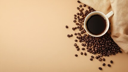 A cup of black coffee sits on a beige surface, surrounded by scattered coffee beans and a light brown cloth.